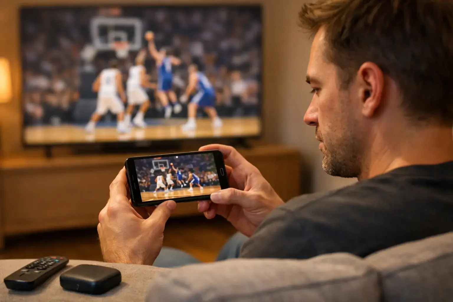 Persona siguiendo un partido de baloncesto en directo desde su smartphone