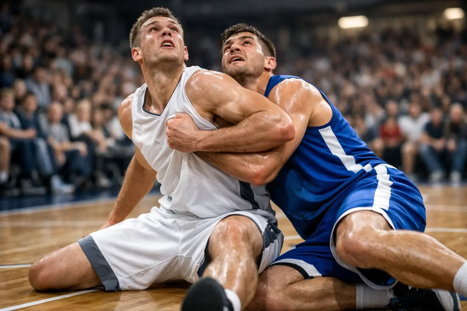 Partido de baloncesto de la Euroliga con jugadores disputando el balón bajo la canasta