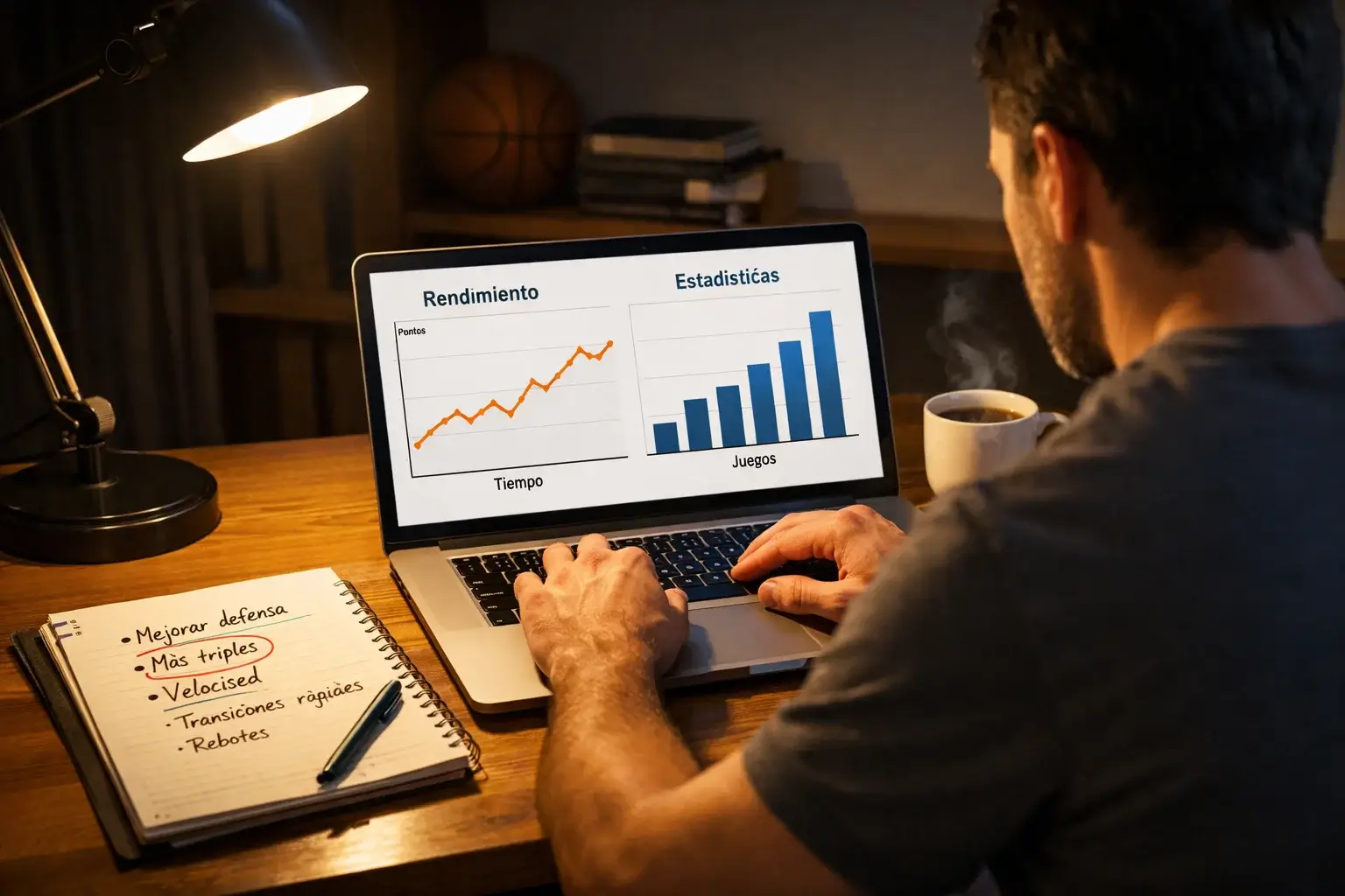 Persona analizando estadísticas de baloncesto en un portátil con notas y documentos
