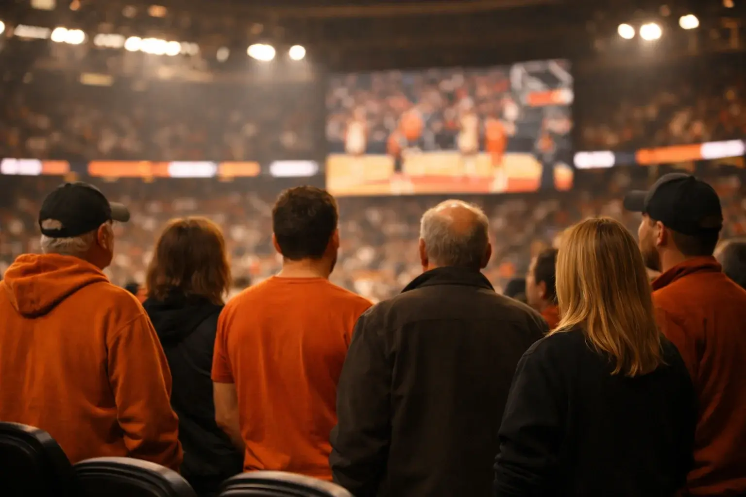 Aficionados viendo un partido de baloncesto profesional en un estadio lleno