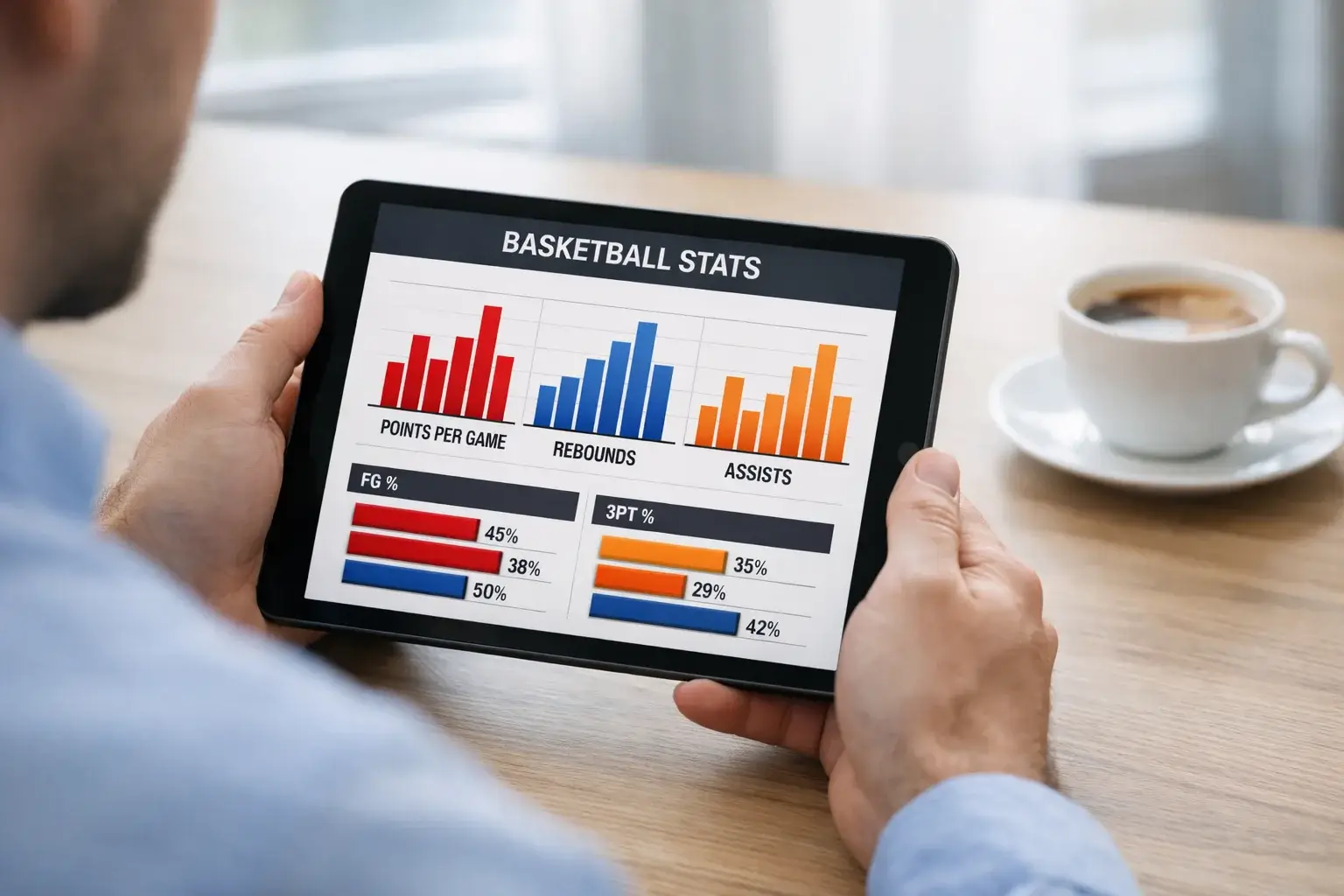 Persona analizando estadísticas de baloncesto en una tablet