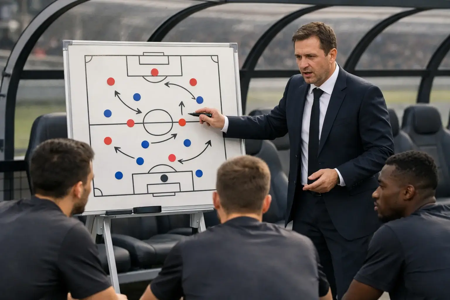 Entrenador de baloncesto dando instrucciones tácticas a su equipo