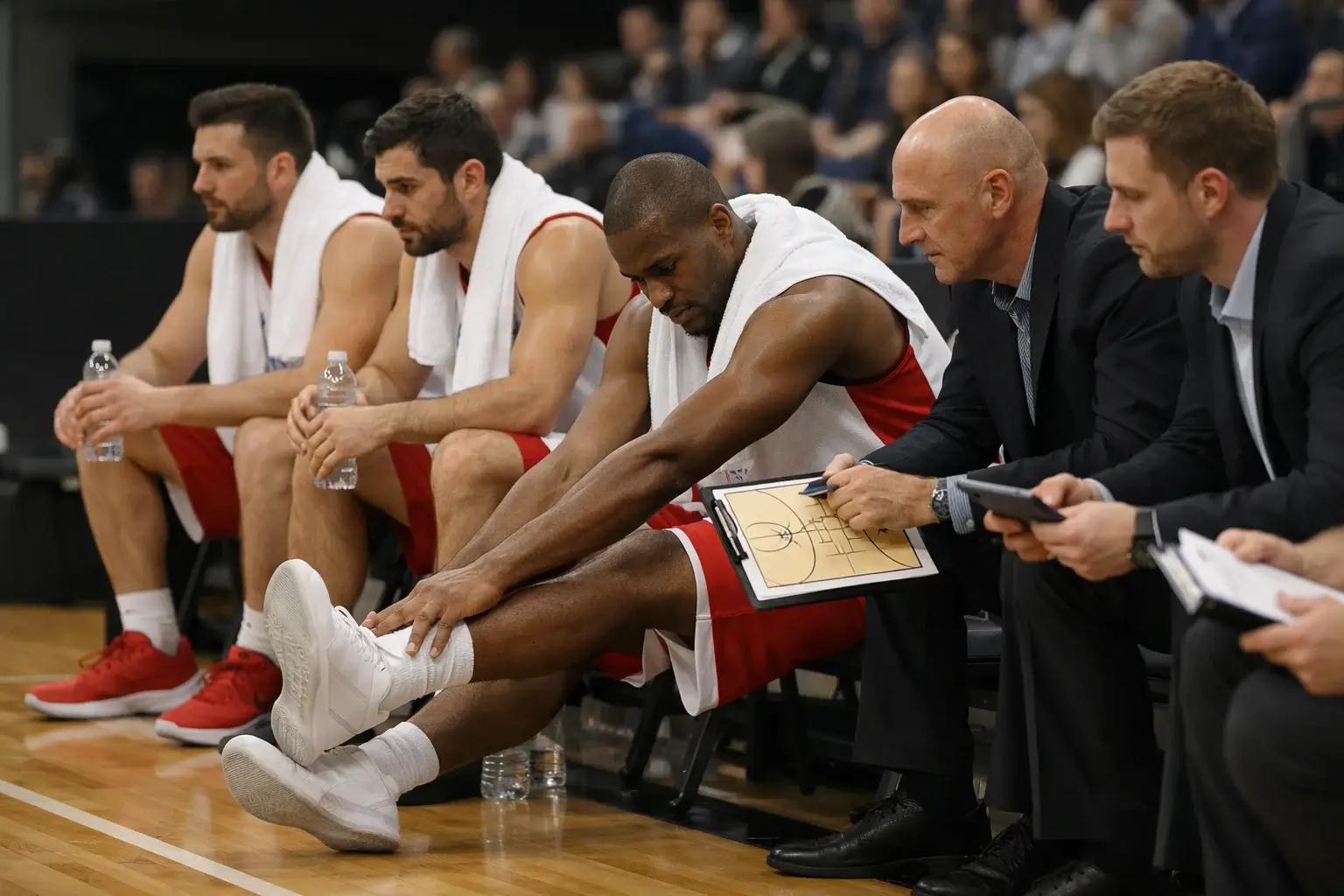 Jugadores NBA descansando en el banquillo durante un tiempo muerto