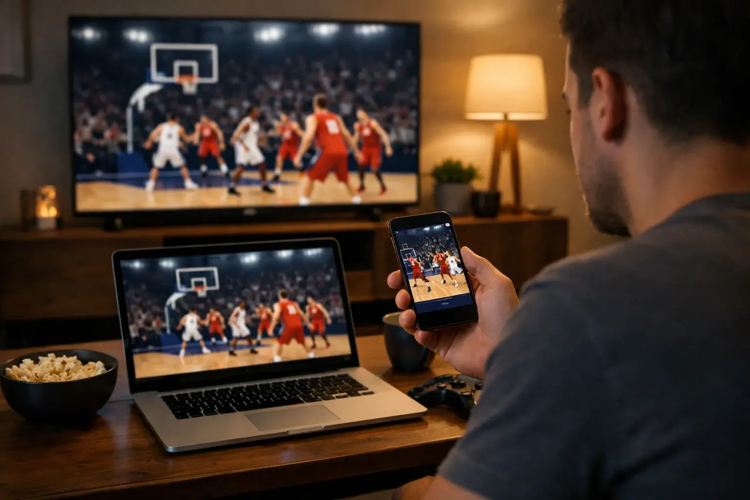 Persona viendo partido de baloncesto en múltiples dispositivos