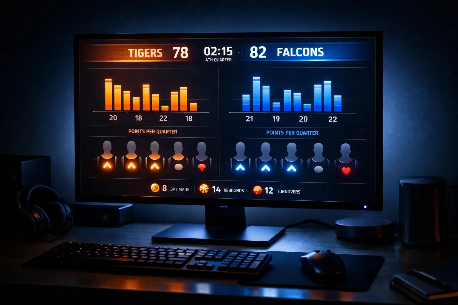 Pantalla mostrando estadísticas de baloncesto en tiempo real