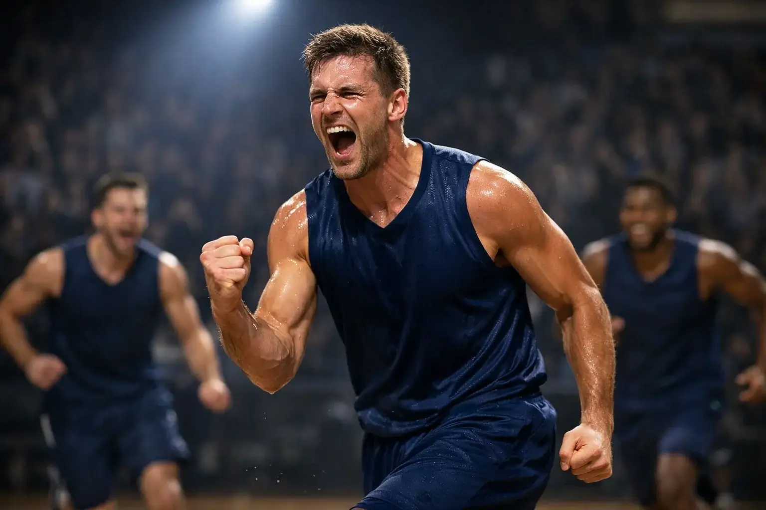 Jugador de baloncesto celebrando una canasta decisiva