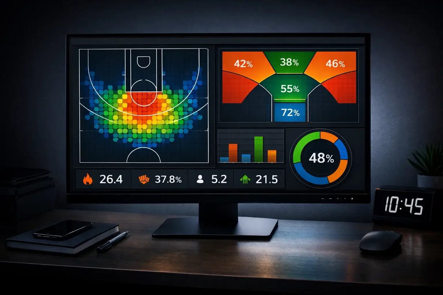 Pantalla de ordenador con métricas avanzadas de baloncesto