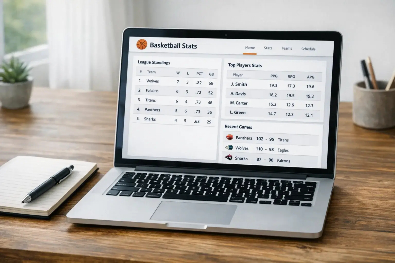 Página web de estadísticas de baloncesto abierta en portátil