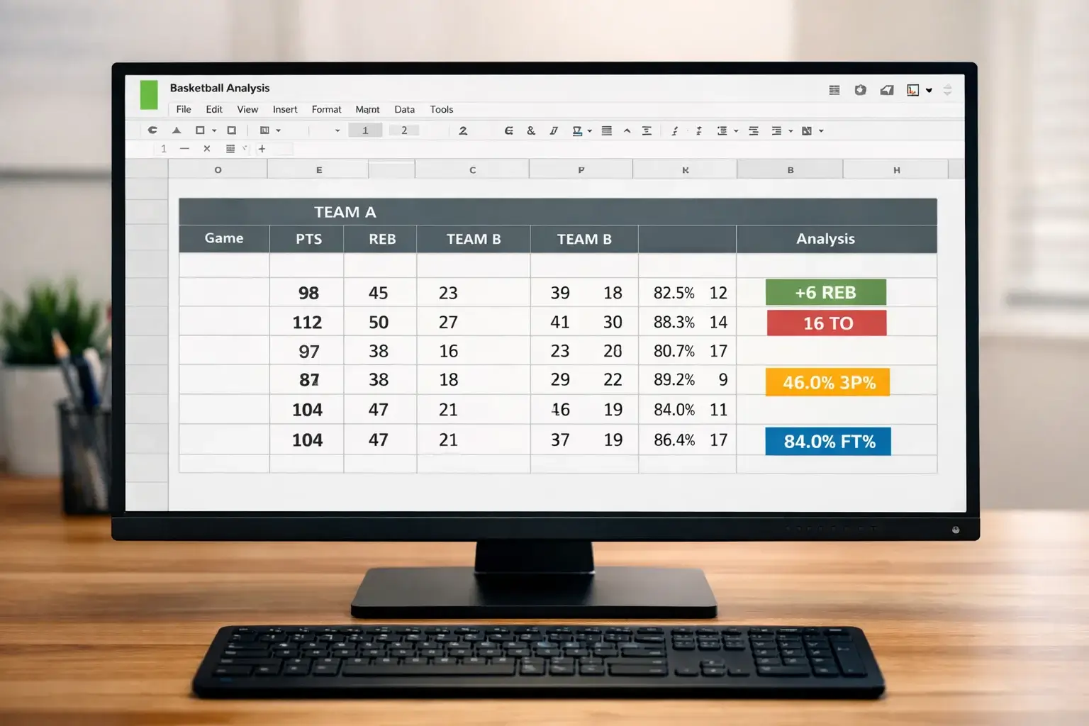 Hoja de cálculo con fórmulas para análisis de baloncesto