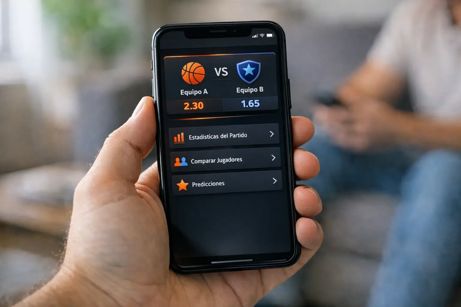 Mano sosteniendo smartphone con aplicación de apuestas deportivas