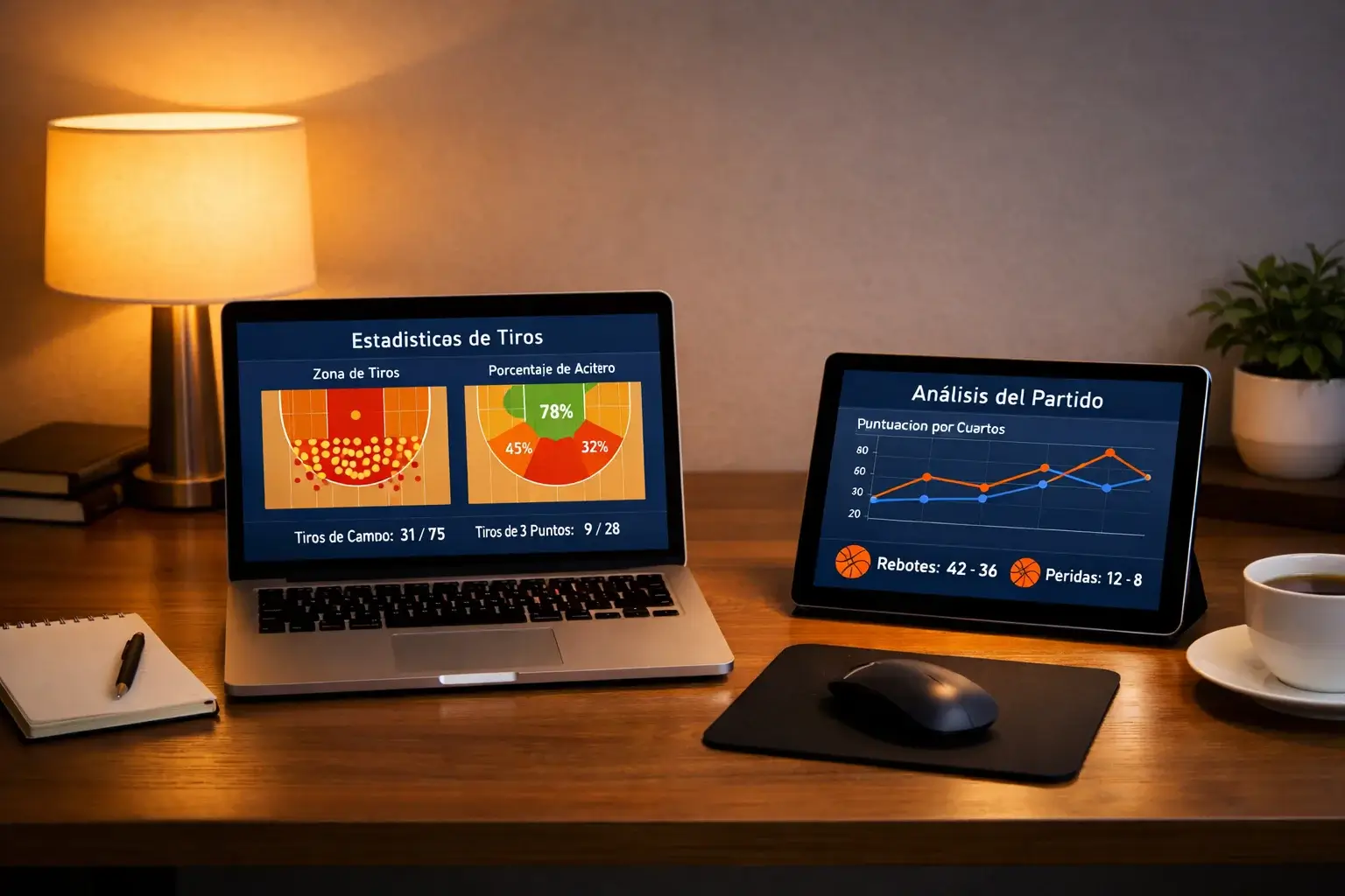 Escritorio con múltiples dispositivos mostrando contenido de baloncesto