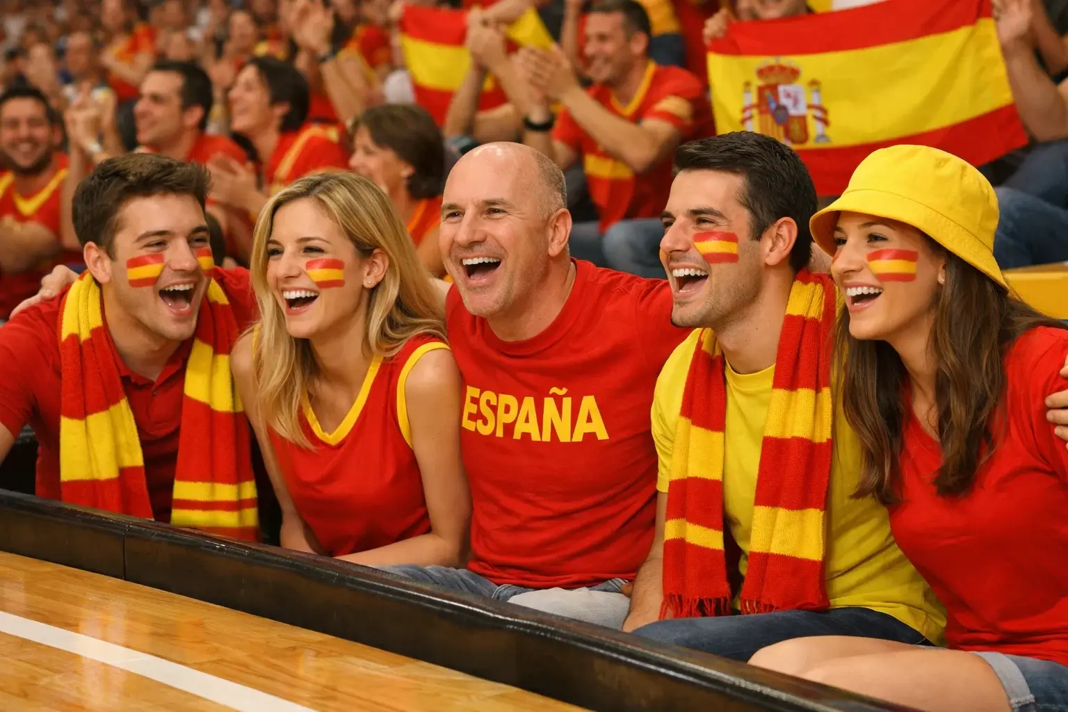 Aficionados españoles animando en las gradas de un pabellón de baloncesto