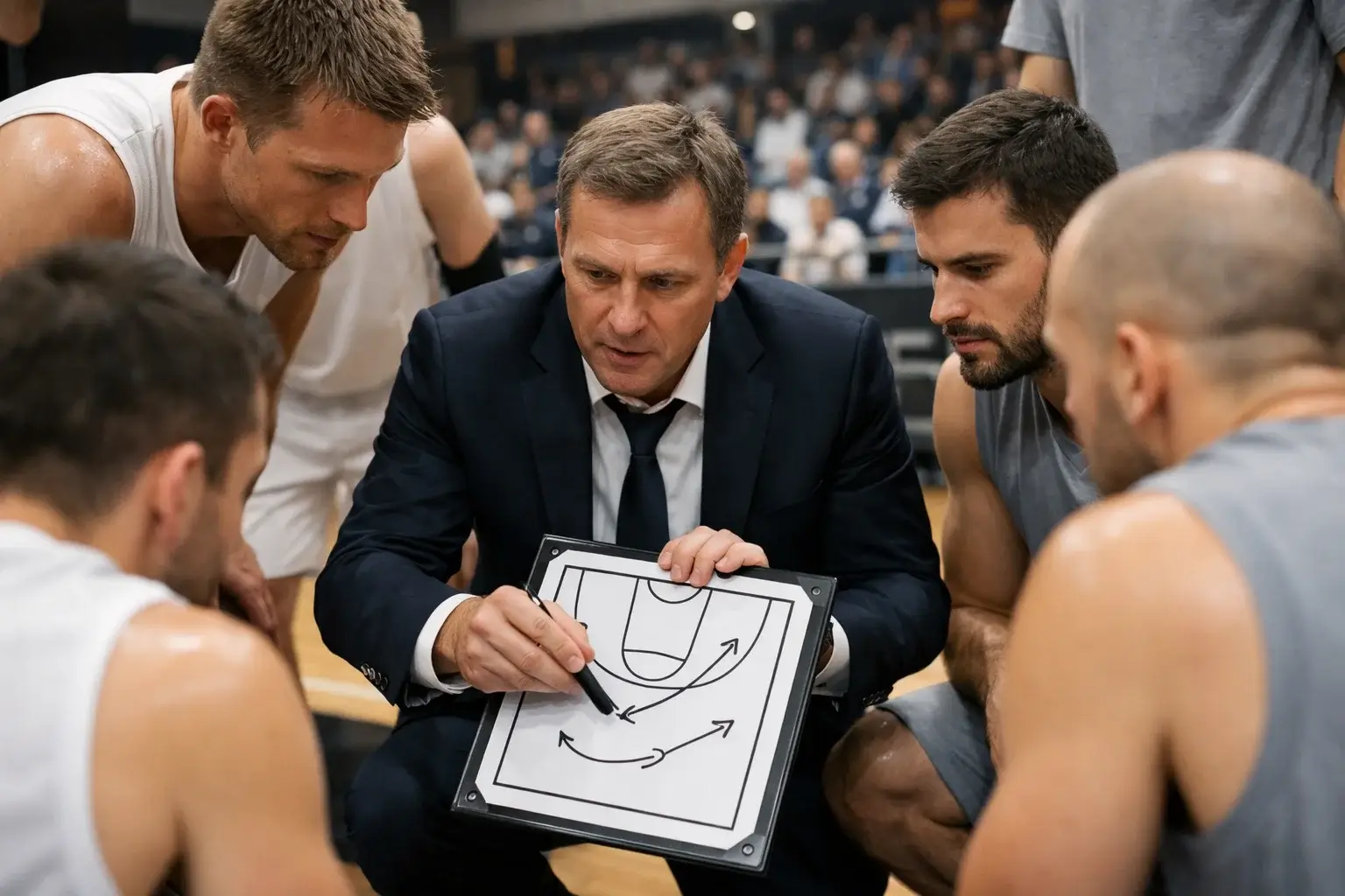 Entrenador de baloncesto europeo dando instrucciones con pizarra táctica