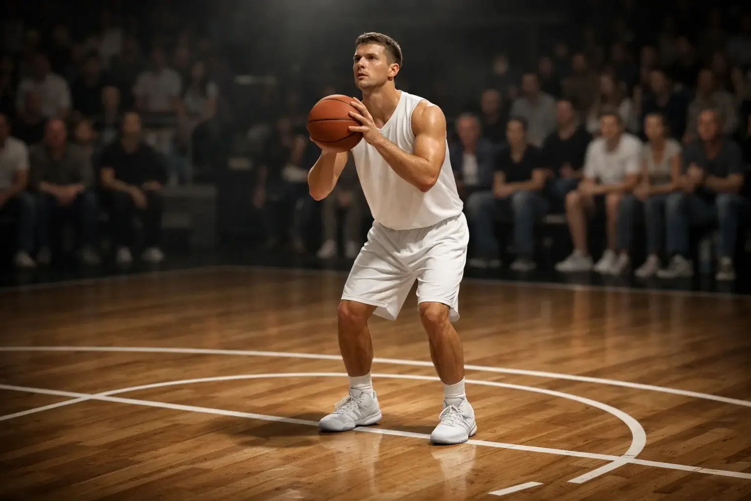 Jugador de baloncesto realizando un tiro libre en pabellón europeo