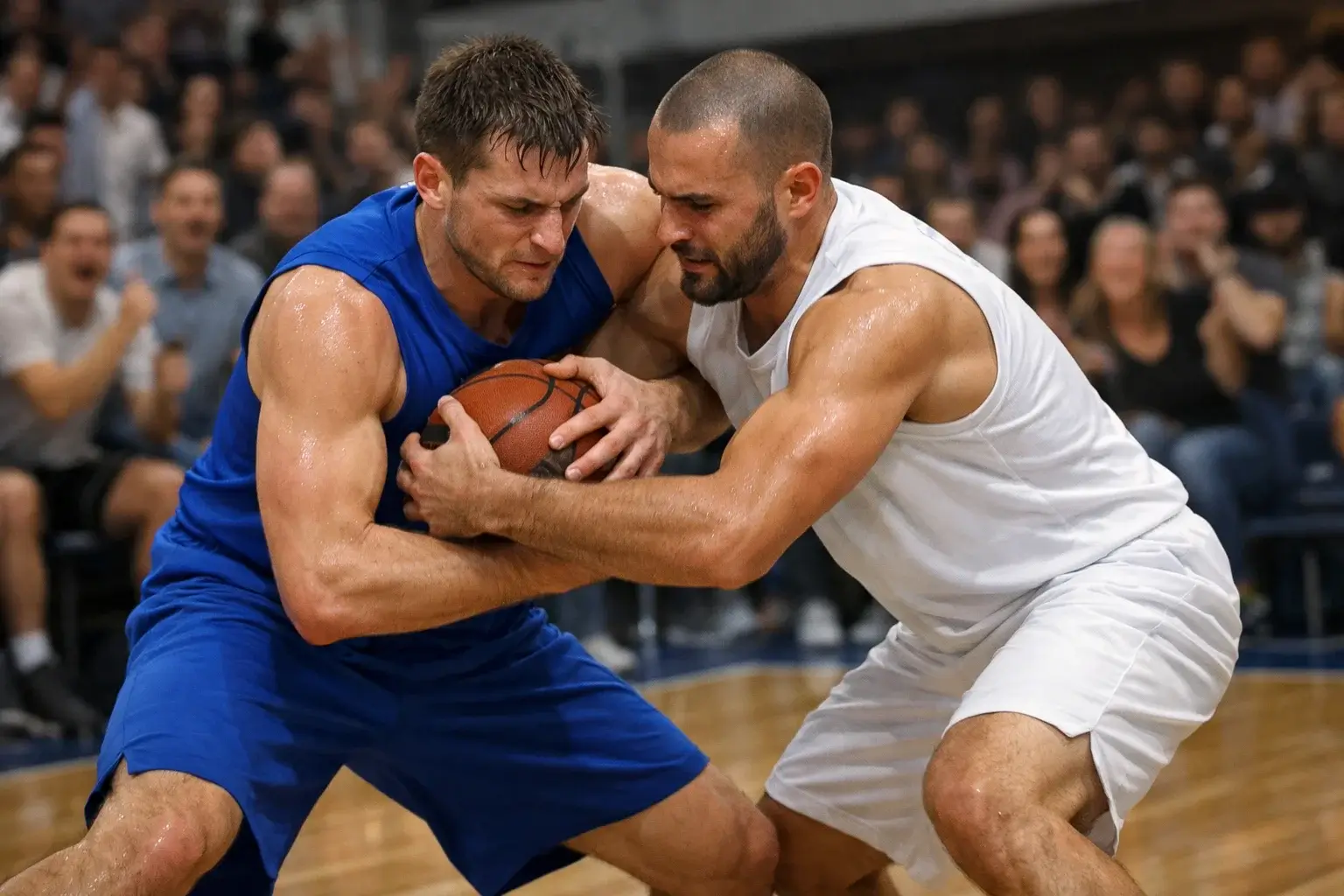 Jugadores de baloncesto disputando un partido en pista de parquet europeo